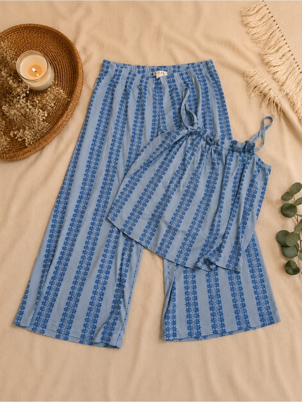 LAKE Pajamas Pima Cotton Set – Blue Fern Stripe Print – Size M